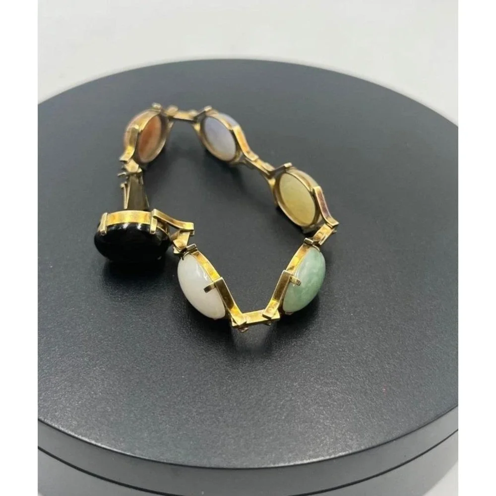 14K Gold Clasp Jade‎ Multi Color Jadeite Stone Cabochon Vintage 10-12k Bracelet